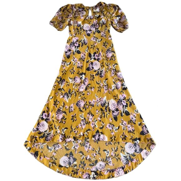 Anthropologie Maeve Midi Dress Size 14 Hi-Low Puff Sleeve Mustard Gold Floral - Picture 2 of 13